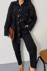 DENİM PUNTOLU GÖMLEK-PANTOLON TAKIM - Mavi