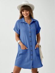Kadın Cep Detay Müslin Kumaş Mini Gömlek Elbise