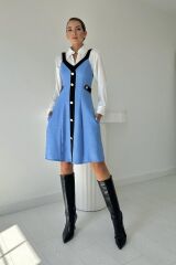 Mavi Siyah Süs Cepli Askılı Elbise