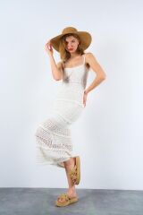 Ajurlu Astarlı Elbise - Ekru