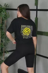 Unisex Bisiklet Yaka Baskılı Oversize T-Shirt - Siyah