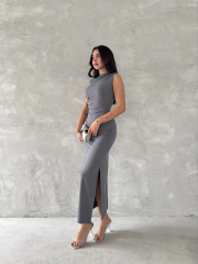 Kolsuz Yırtmaçlı Uzun Maxı Boy Elbise - Gri