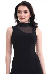 Kadın Yarım Balıkçı Yaka Tül Detaylı Sandy Kumaş Fırsat Ürün Diz Üstü Elbise