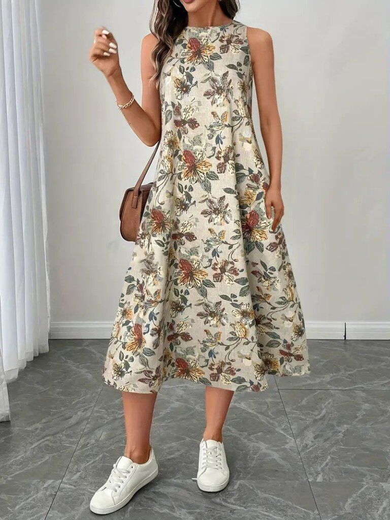 Kadın Sıfır Kollu Yuvarlak Yaka Desenli Ithal Keten Midi Elbise