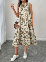 Kadın Sıfır Kollu Yuvarlak Yaka Desenli Ithal Keten Midi Elbise