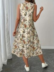 Kadın Sıfır Kollu Yuvarlak Yaka Desenli Ithal Keten Midi Elbise