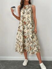 Kadın Sıfır Kollu Yuvarlak Yaka Desenli Ithal Keten Midi Elbise