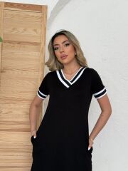 Kadın Kısa Kollu V Yaka Kol Ve Yaka Ribana Detay Midi Boy Viskon Elbise