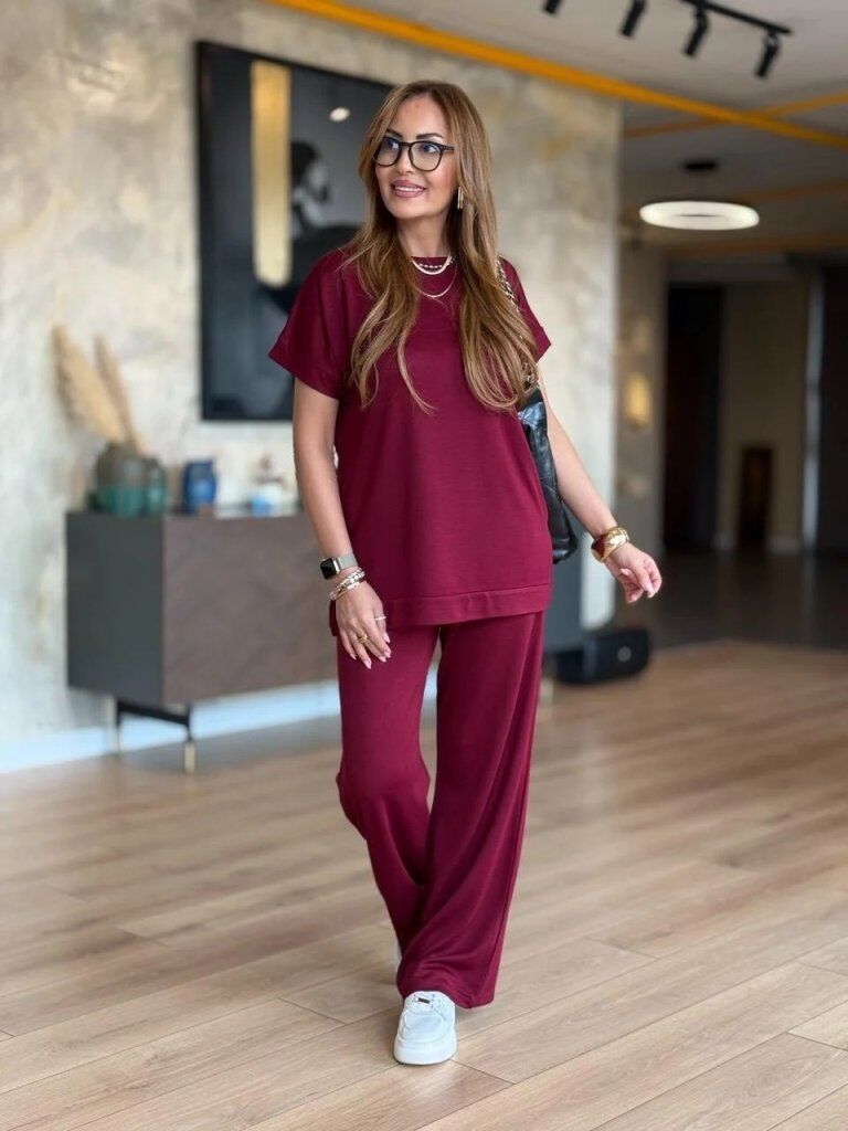 Kadın Kısa Kollu Bisiklet Yaka Viskon Iki Iplik Bluz Ve Pantolon Ikili Takım