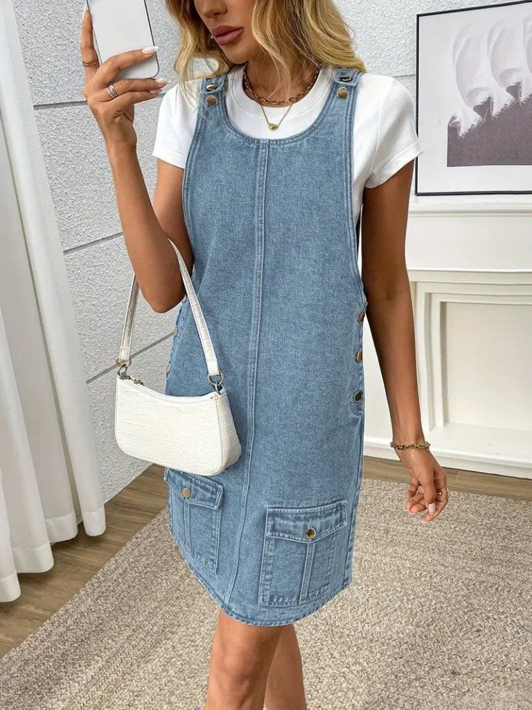 Kadın Askılı Yuvarlak Yaka A Kesim Cep Detaylı Kot Elbise