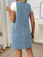 Kadın Askılı Yuvarlak Yaka A Kesim Cep Detaylı Kot Elbise