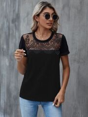 Kadın Kısa Kollu Yuvarlak Yaka ön Dantel Detaylı Viskon Bluz