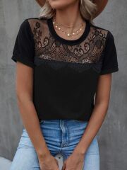 Kadın Kısa Kollu Yuvarlak Yaka ön Dantel Detaylı Viskon Bluz