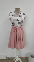 Kadın Sıfır Kollu V Yakalı çiçek Baskılı Beli Kuşaklı Dalgıç Elbise