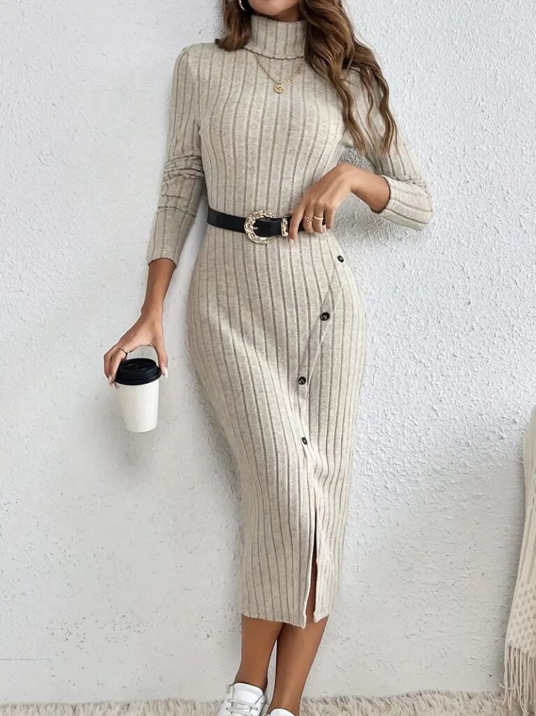 Kadın Uzun Kollu Balıkçı Yaka Yırtmaçlı Düğmeli şardonlu Kaşkorse Elbise(kemersiz)