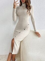 Kadın Uzun Kollu Balıkçı Yaka Yırtmaçlı Düğmeli şardonlu Kaşkorse Elbise(kemersiz)