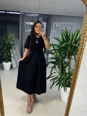 Kadın Kısa Kollu Bisiklet Yaka Fiyonk Broşlu Midi Janjan Krep Elbise