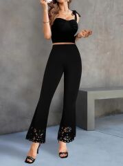 Kadın Yüksek Bel Paçaya Doğru Genişleyen Lazer çiçek Kesim Detaylı Ithal Krep Pantolon