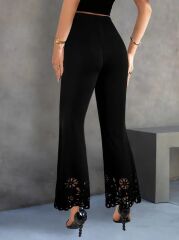 Kadın Yüksek Bel Paçaya Doğru Genişleyen Lazer çiçek Kesim Detaylı Ithal Krep Pantolon
