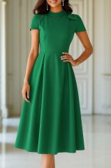 Kadın Kısa Kollu Yarı Balıkçı Yaka Pileli Janjan Krep Midi Elbise