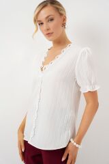 V Yaka Dantelli Bluz 956 - Beyaz