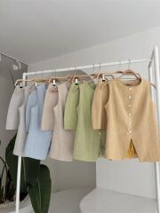 Uzun Yelek Mini Etek Flamlı Keten Takım 10148