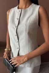 Uzun Yelek Mini Etek Flamlı Keten Takım 10148