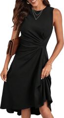 Kadın Sıfır Kollu Bisiklet Yaka Büzgülü Asimetrik Kesim Detaylı Janjan Krep Elbise