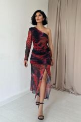 Kırmızı Tek Omuzlu Tül Elbise