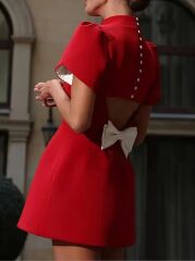 Kadın Kısa Kollu Balıkçı Yaka Arkadan Kelebek Dekolte Detaylı Kısa Atlas Elbise