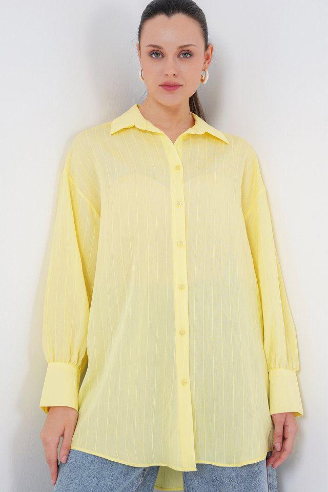 Çizgili Uzun Gömlek Tunik 5963 - Sarı