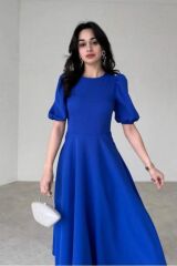 Kadın Kısa Balon Kollu Bisiklet Yaka Geniş Kesim Janjan Krep Elbise