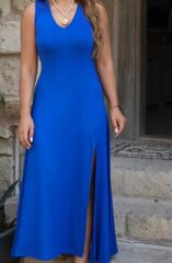 Kadın Askılı V Yakalı Yırtmaçlı Viskon Elbise