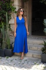 Kadın Askılı V Yakalı Yırtmaçlı Viskon Elbise