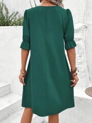 Kadın Kısa Kollu V Yakalı Salaş Janjan Krep Elbise