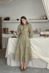 Çağla Çizgi Desenli Uzun Elbise