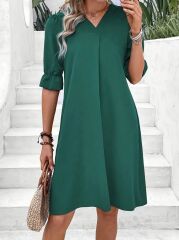 Kadın Kısa Kollu V Yakalı Salaş Janjan Krep Elbise