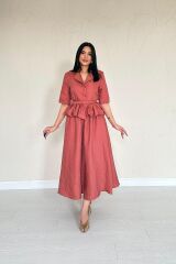 Moccah İnce Kemerli Fırfırlı Ceket Ve Büzgülü Etek Takım