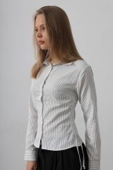 Yanları Büzgülü Çizgili Gömlek - Siyah-Beyaz