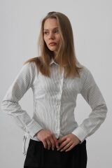 Yanları Büzgülü Çizgili Gömlek - Siyah-Beyaz