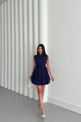 BALON ETEKLİ TASARIM KISA ELBİSE - Lacivert
