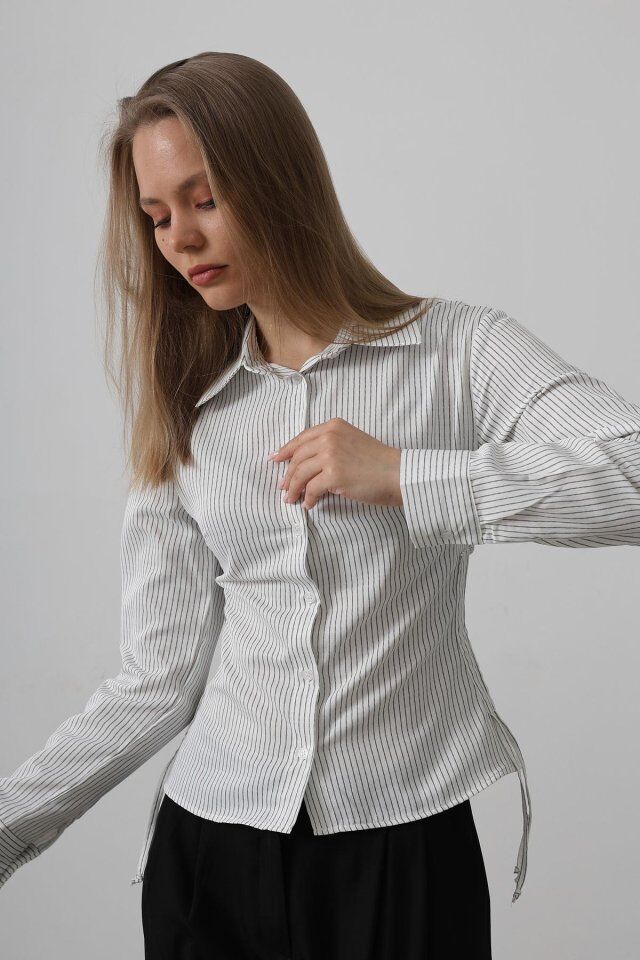 Yanları Büzgülü Çizgili Gömlek - Siyah-Beyaz