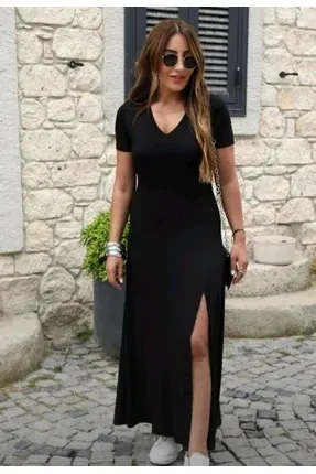 Kadın V Yaka Yırtmaç Detay Viskon Kumaş Siyah Elbise