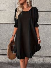 Kadın Kısa Kollu Kol Ve Eteği Volanlı Bisiklet Yaka Aerobin Elbise