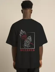 Unisex Bisiklet Yaka Oversize Baskılı T-Shirt - Siyah