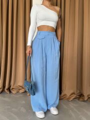 PİLE VE CEP KAPAK DEYALI SALAŞ PANTOLON - Mavi