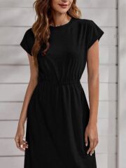 Kadın Kısa Kollu Bisiklet Yaka Belden Lastikli Midi Viskon Elbise