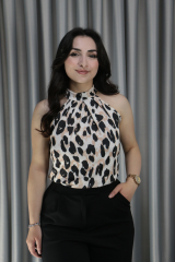 Kadın Halter Yaka Leopar Detay Bluz