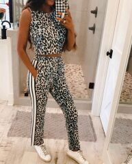 Kadın Dalgıç Kumaş Dijital Leopar Baskılı şerit Detaylı Takım