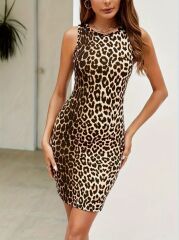 Kadın Askılı Yuvarlak Yaka Leopar Desenli Süprem Elbise